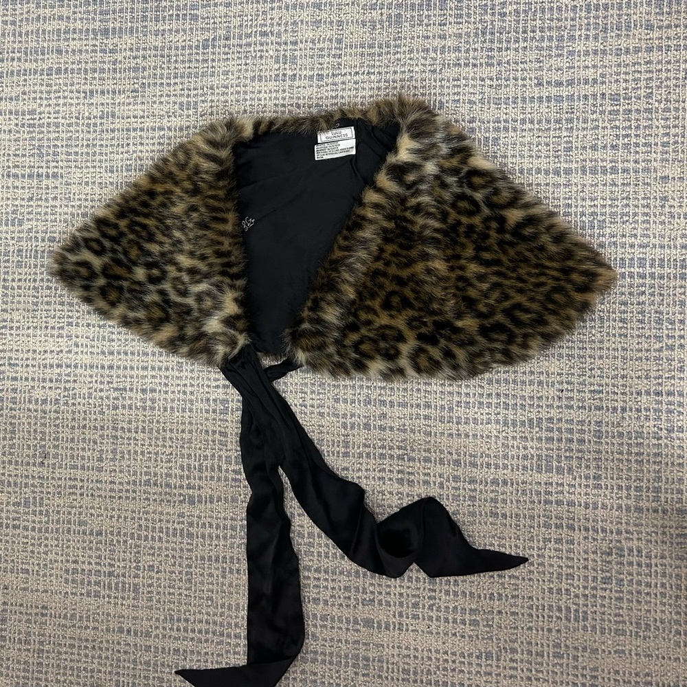 Lulu Guinness Leopard Print Fur Wrap with Black Ties